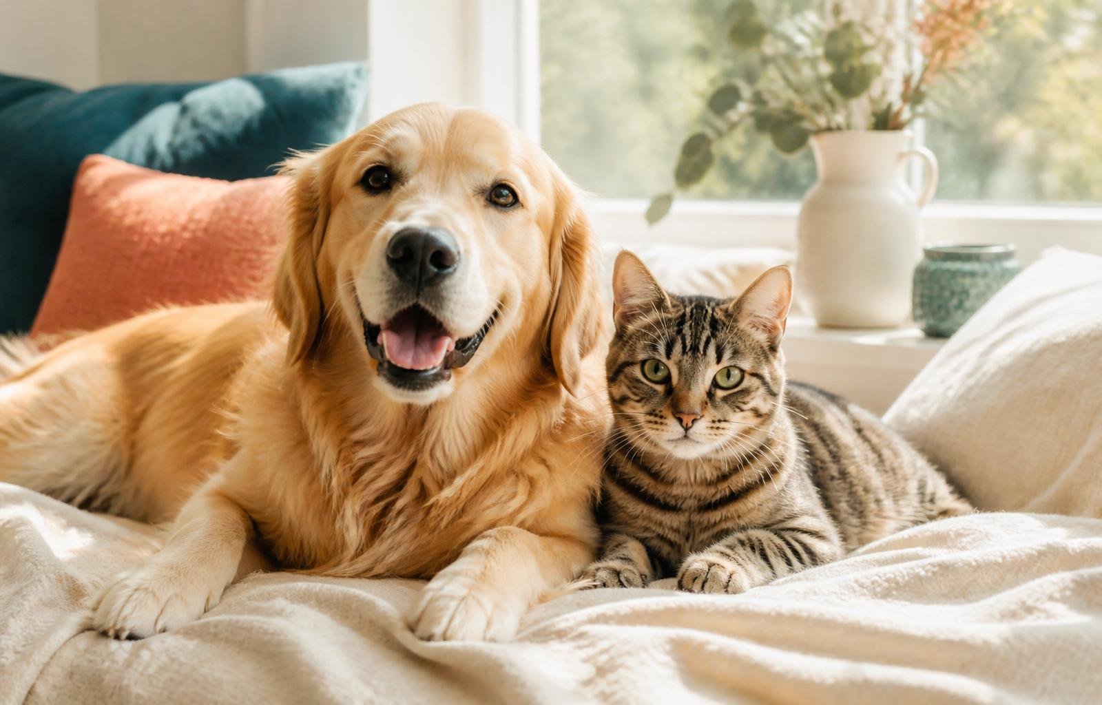A golden retriever and a tabby cat lounging together in warm daylight